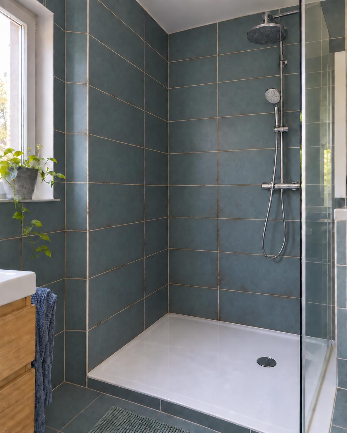 Dusche mit dunklen Wandfliesen und verfärbten Fugen in der Vorher-Ansicht – KI-bearbeitetes Foto.