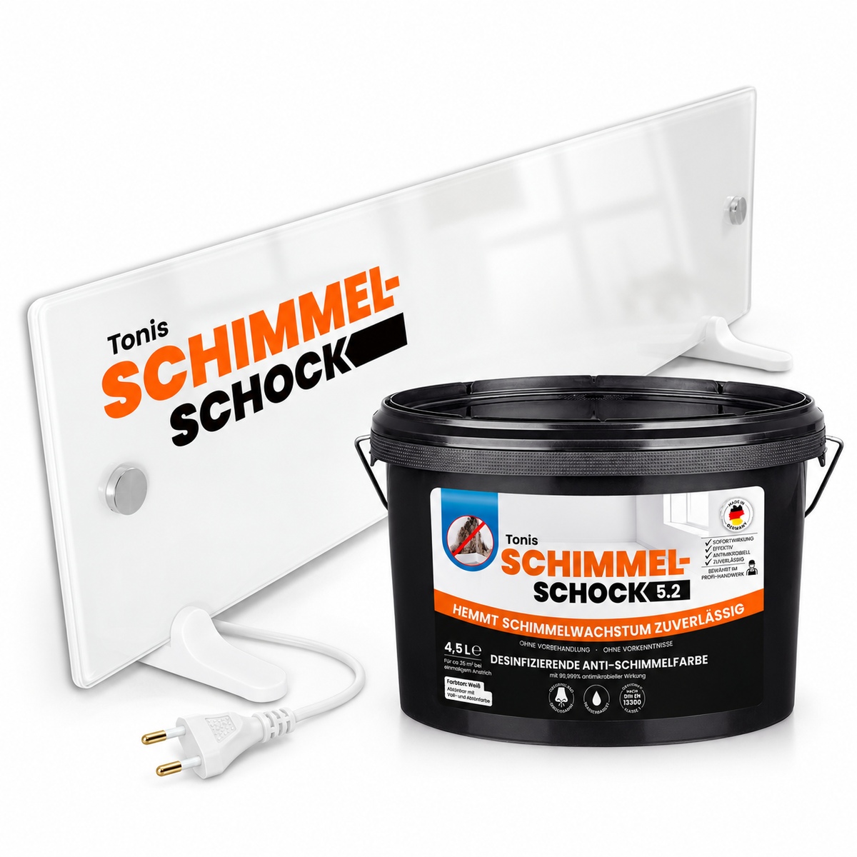 KI-gestützte Setillustration: eine Schimmelschock Glaspanel-Heizung und ein 4,5-l-Eimer Anti-Schimmel-Wandfarbe 5.2 auf weißem Hintergrund.