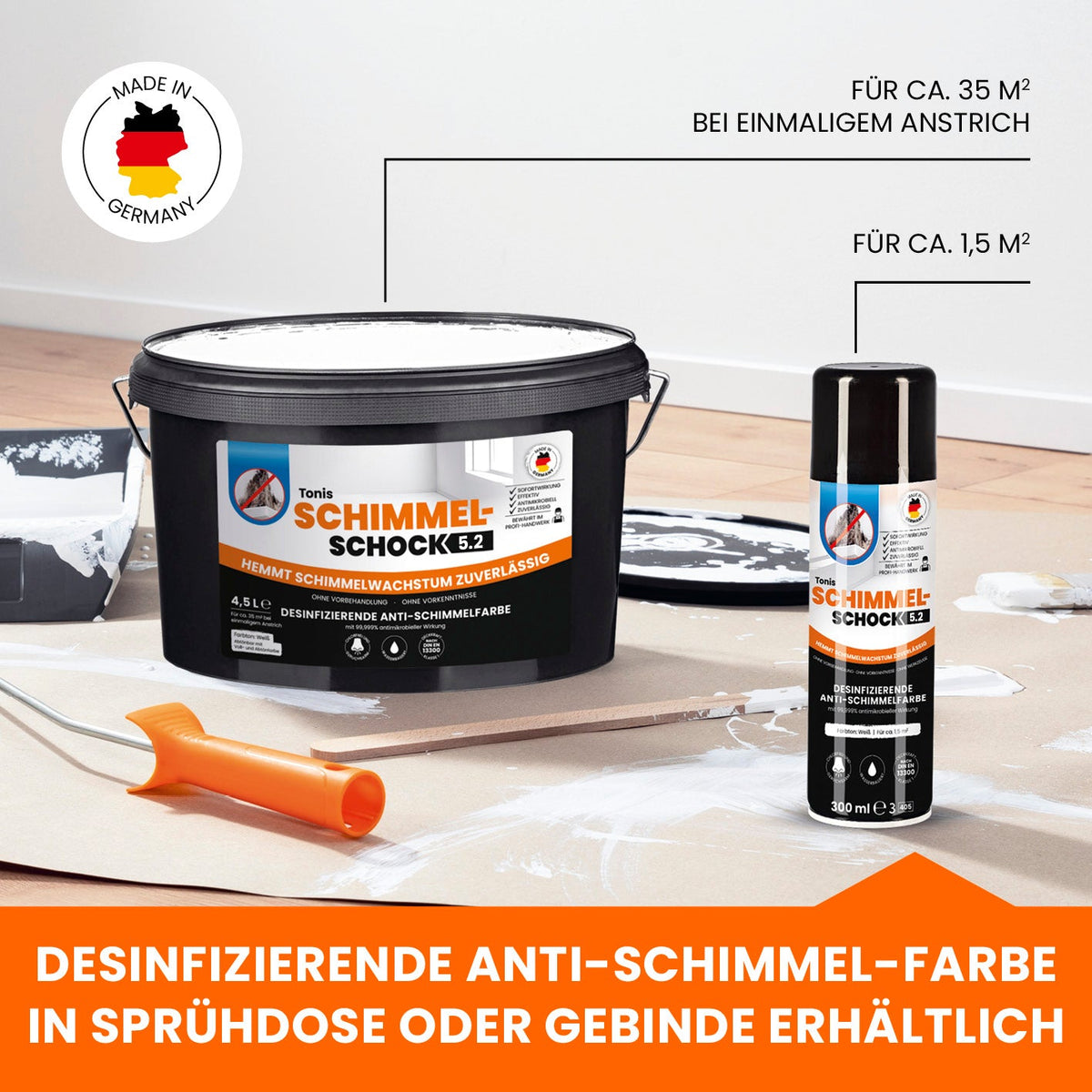 Tonis Schimmelschock – Wandfarbe und Spraydose im Größenvergleich
