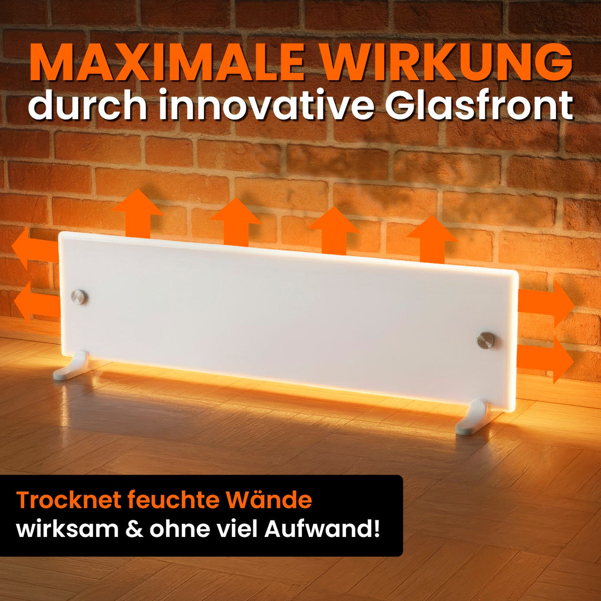 Tonis Schimmelschock – Heizgerät vor einer Wand mit grafischen Produktinformationen