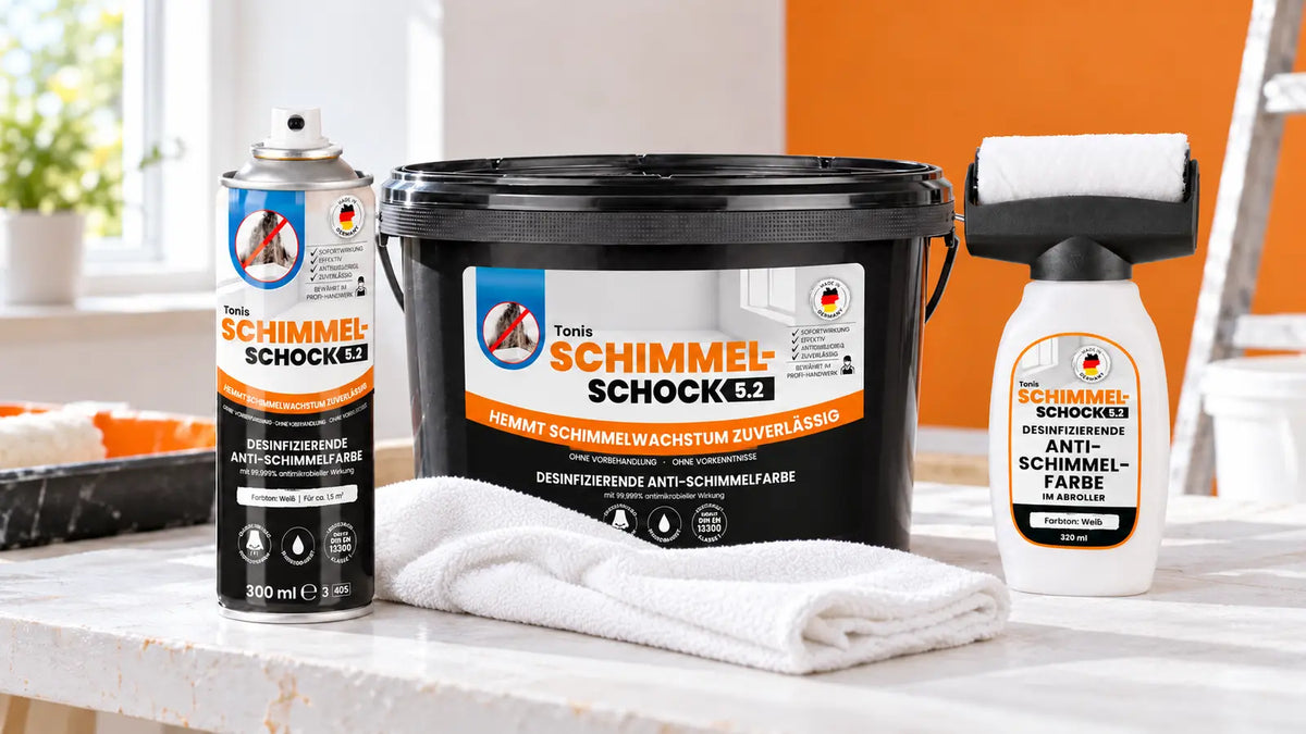 KI-generierte Produktillustration: Schimmelschock-Spray, integrierter Farbroller und Farbeimer auf einer weißen Arbeitsfläche.