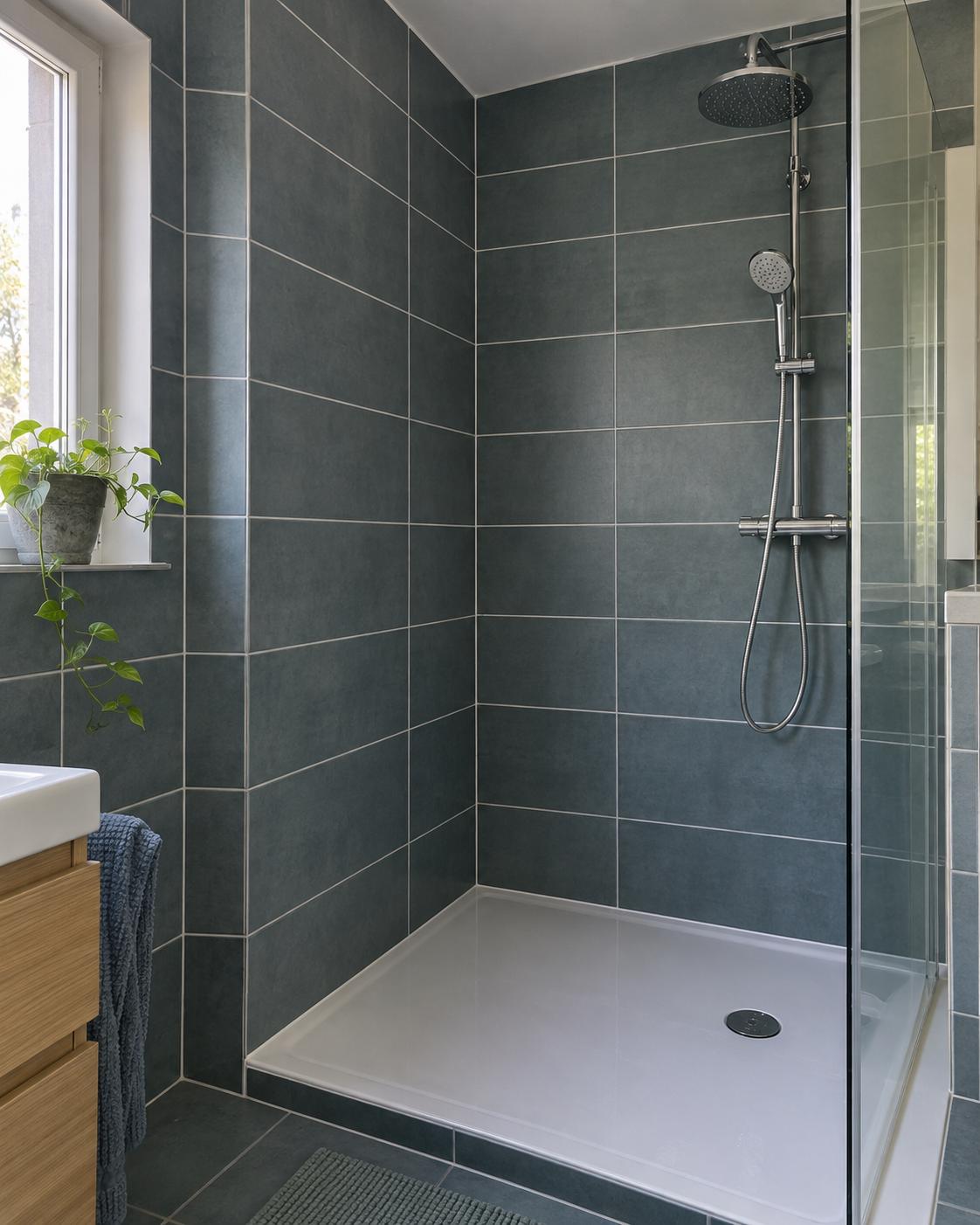Dieselbe Dusche mit dunklen Wandfliesen und hellen Fugen in der Nachher-Ansicht – KI-bearbeitetes Foto.