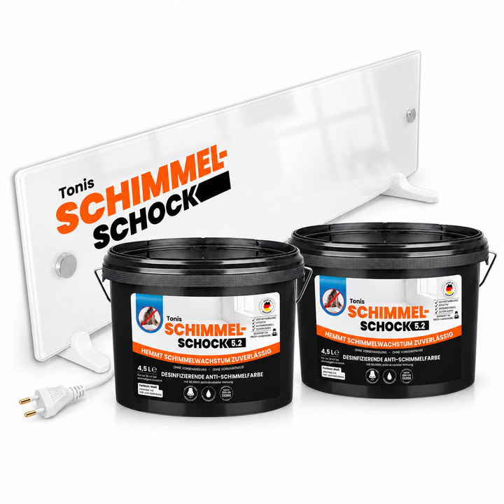 KI-gestützte Setillustration: eine Schimmelschock Glaspanel-Heizung und zwei 4,5-l-Eimer Anti-Schimmel-Wandfarbe 5.2 auf weißem Hintergrund.