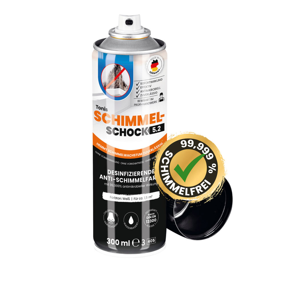 Schimmelschock Anti-Schimmel-Spray 5.2 in der 300-ml-Dose mit abgenommener Kappe.