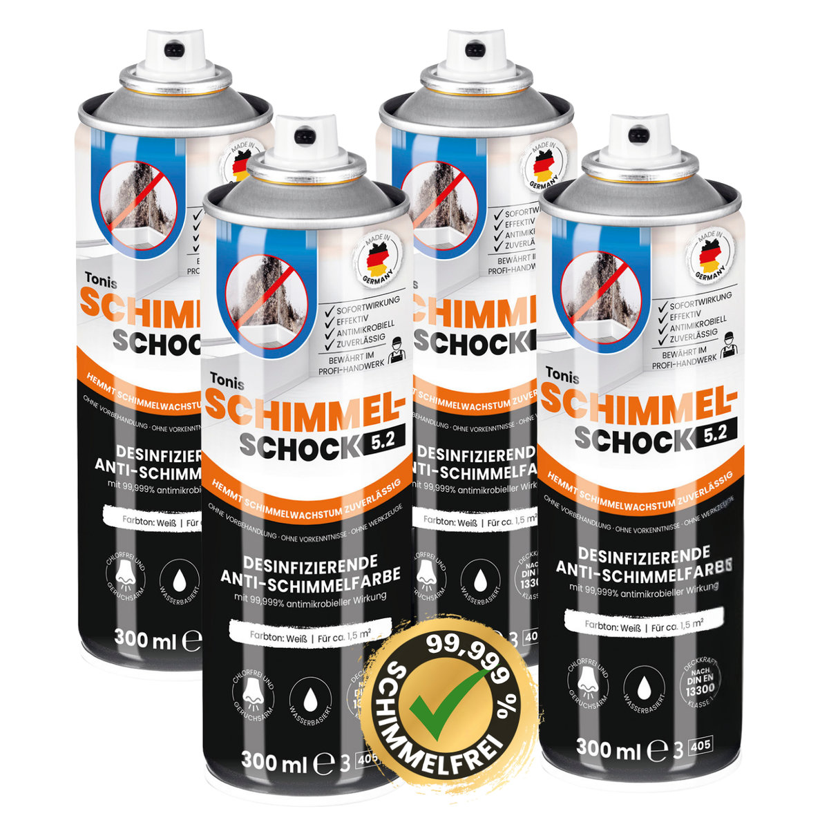Tonis Schimmelschock – Vier 300-ml-Spraydosen nebeneinander