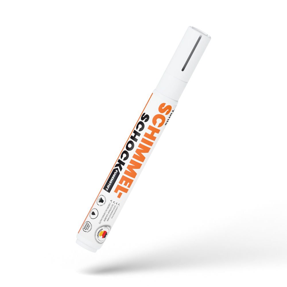 Schimmelschock-Fugenstift mit 9 ml weißer Fugenfarbe und aufgesetzter Kappe.