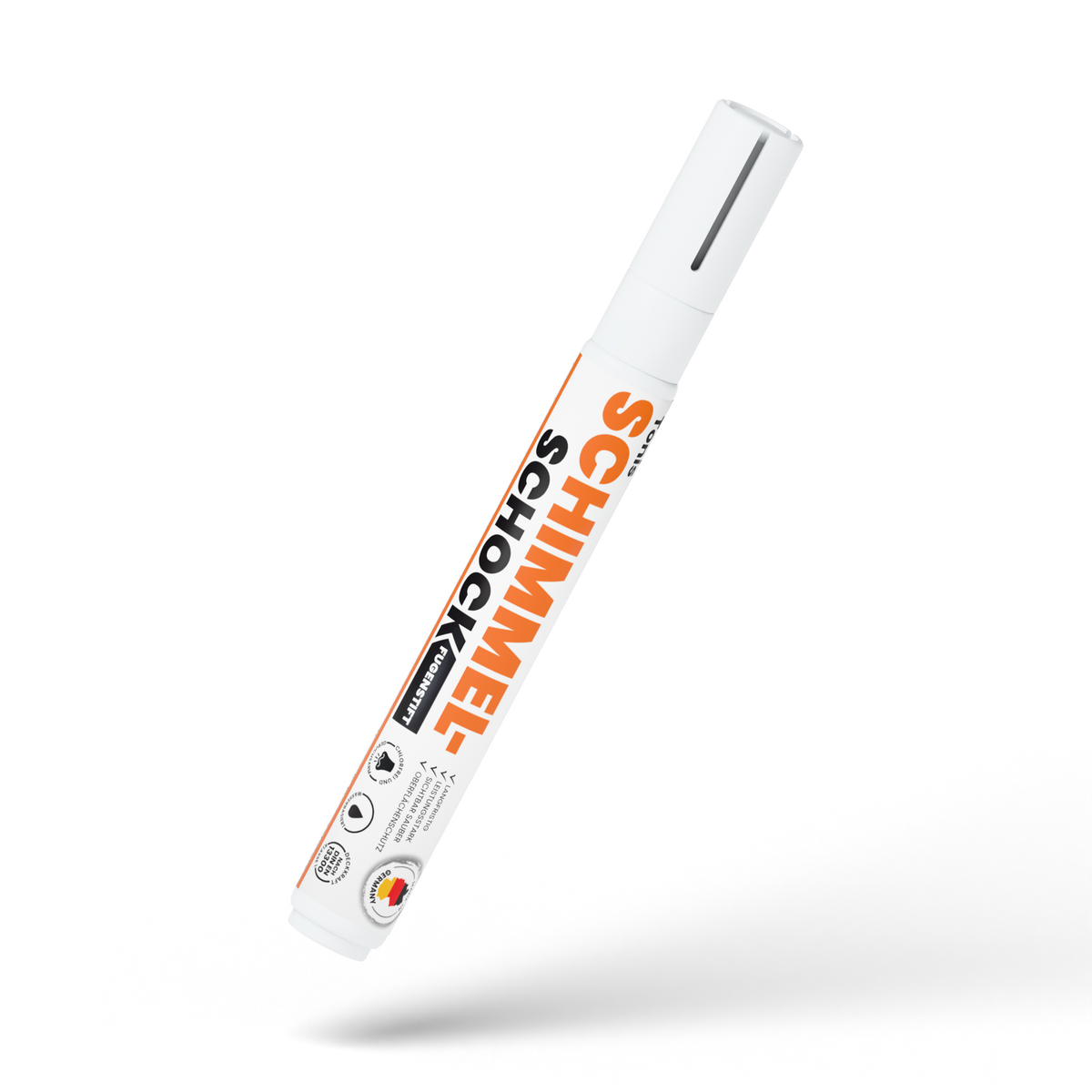 Schimmelschock-Fugenstift mit 9 ml weißer Fugenfarbe und aufgesetzter Kappe.