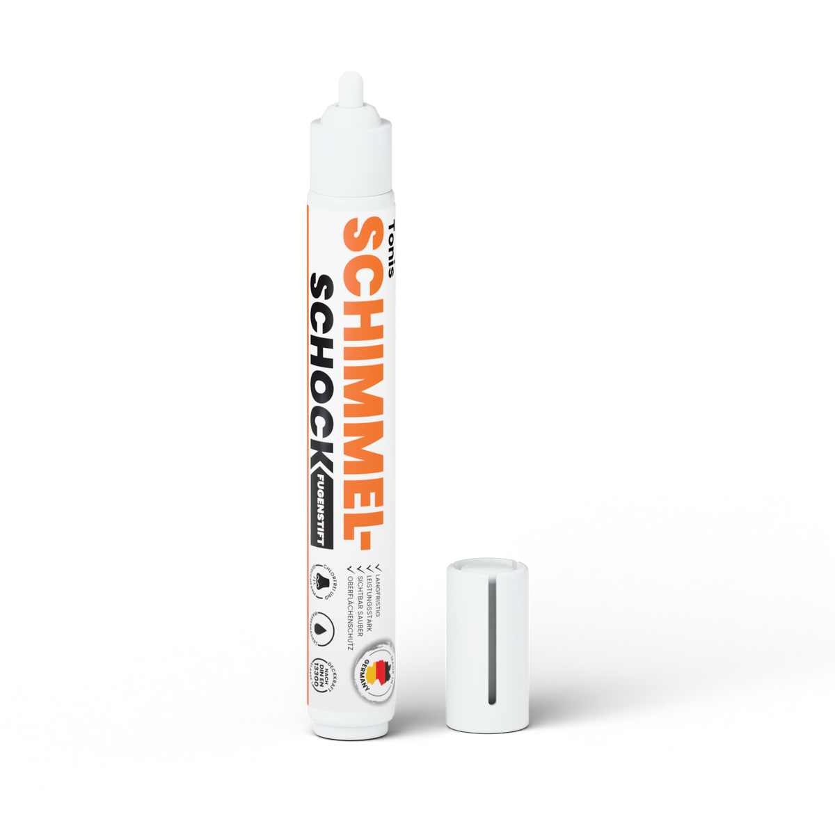 Geöffneter Schimmelschock-Fugenstift mit weißer Stiftspitze und danebenstehender Kappe.