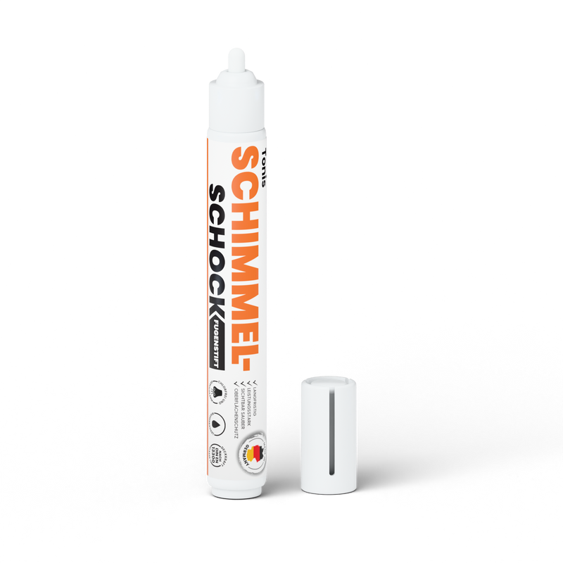 Geöffneter Schimmelschock-Fugenstift mit weißer Spitze und danebenstehender Kappe