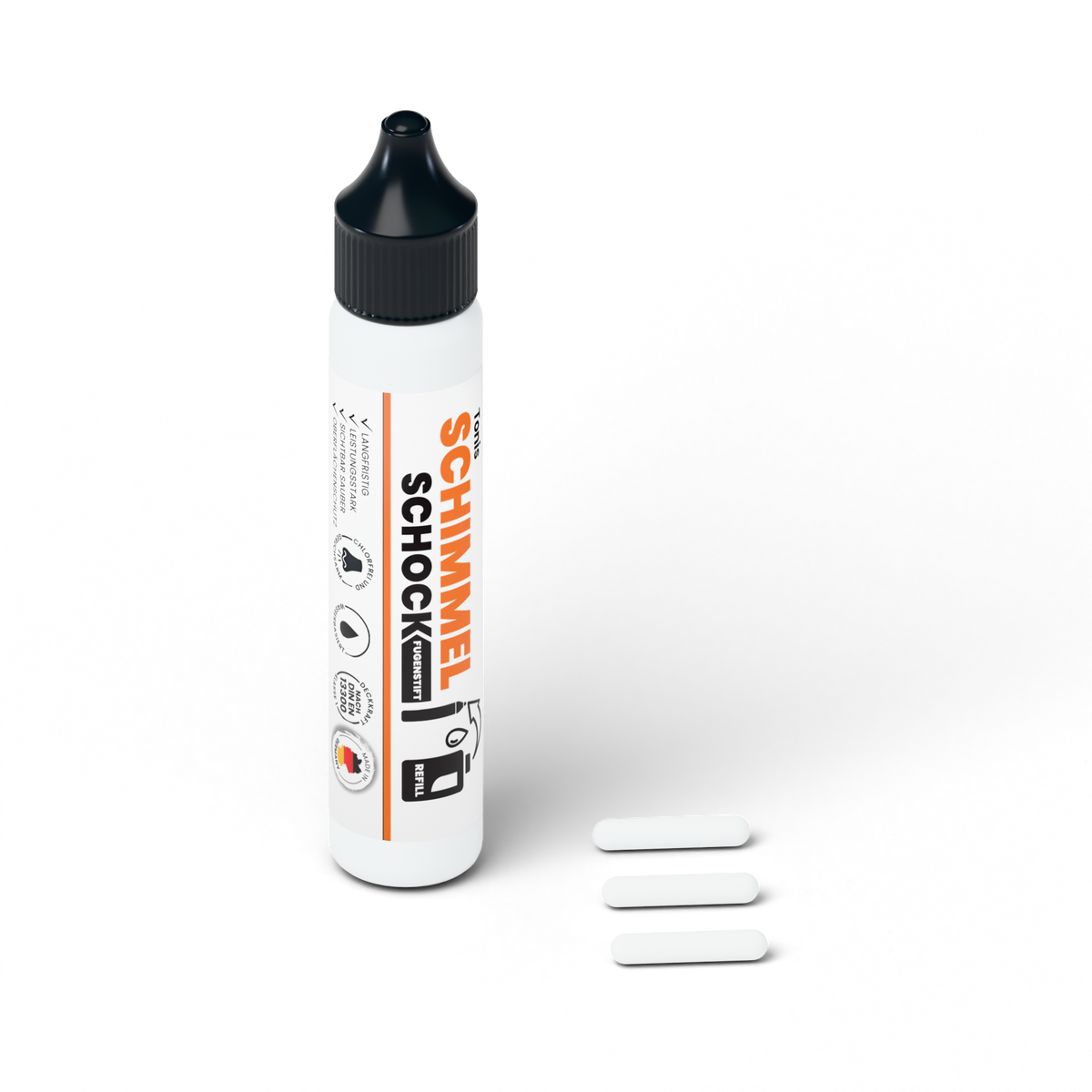 Schimmelschock-Nachfüllfarbe 30 ml für Fugenstifte mit drei geordneten Ersatzspitzen.